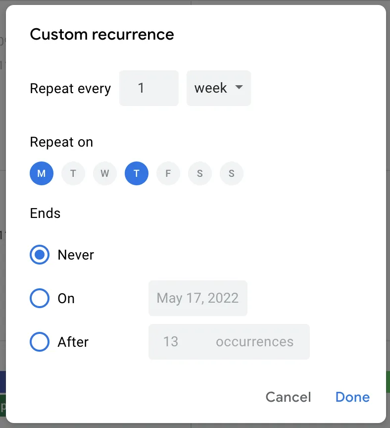 Recurring event in Google Calendar